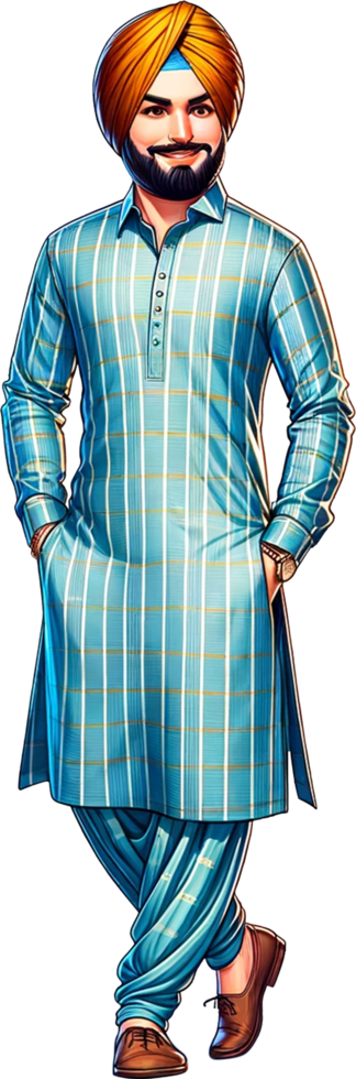 A traditional Punjab man wearing Kurta and Pyjamac smiling and standing confidently isolated png