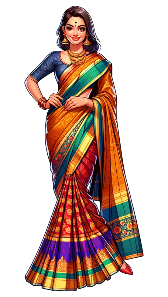 A traditional Karnataka woman wearing Saree smiling and standing confidently isolated png
