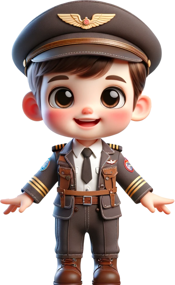 A cute male baby Pilot in uniform smiling and standing confidently isolated png