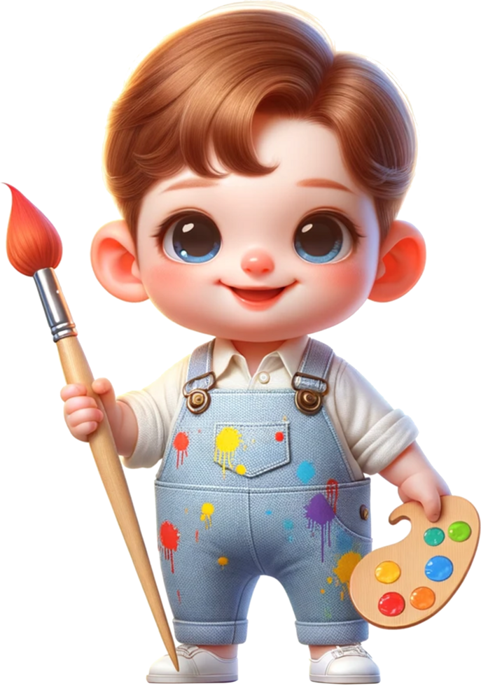A cute male baby painter in uniform with a brush smiling and standing confidently png