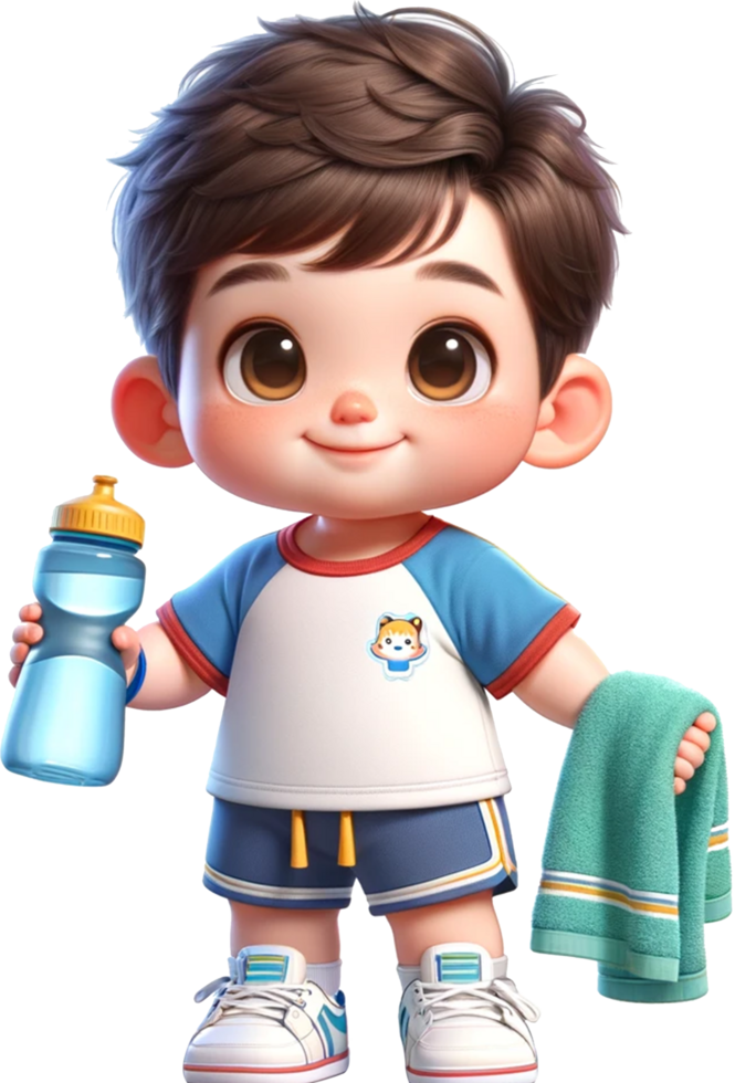A cute Fitness Trainer in sportswear holding a water bottle and a towel smiling and standing confidently isolated png