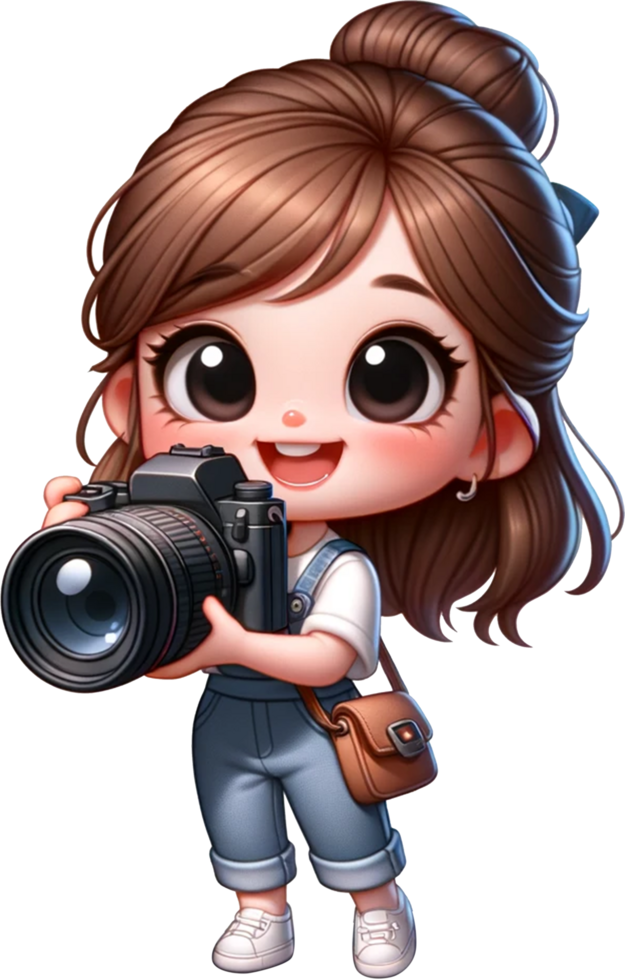A cute girl Photographer holding a camera smiling as she looks through the lens and standing confidently isolated png
