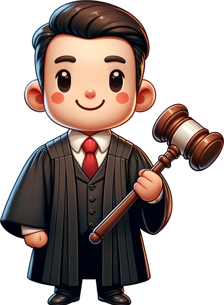 A cute man Judge in robes holding a gavel smiling and standing confidently isolated png