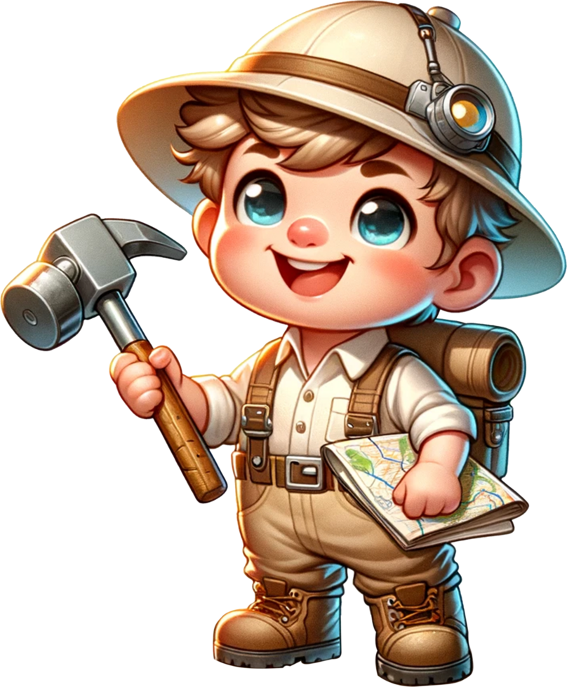 A cute Geologist holding a rock hammer and a geological map standing on rocky terrain isolated png