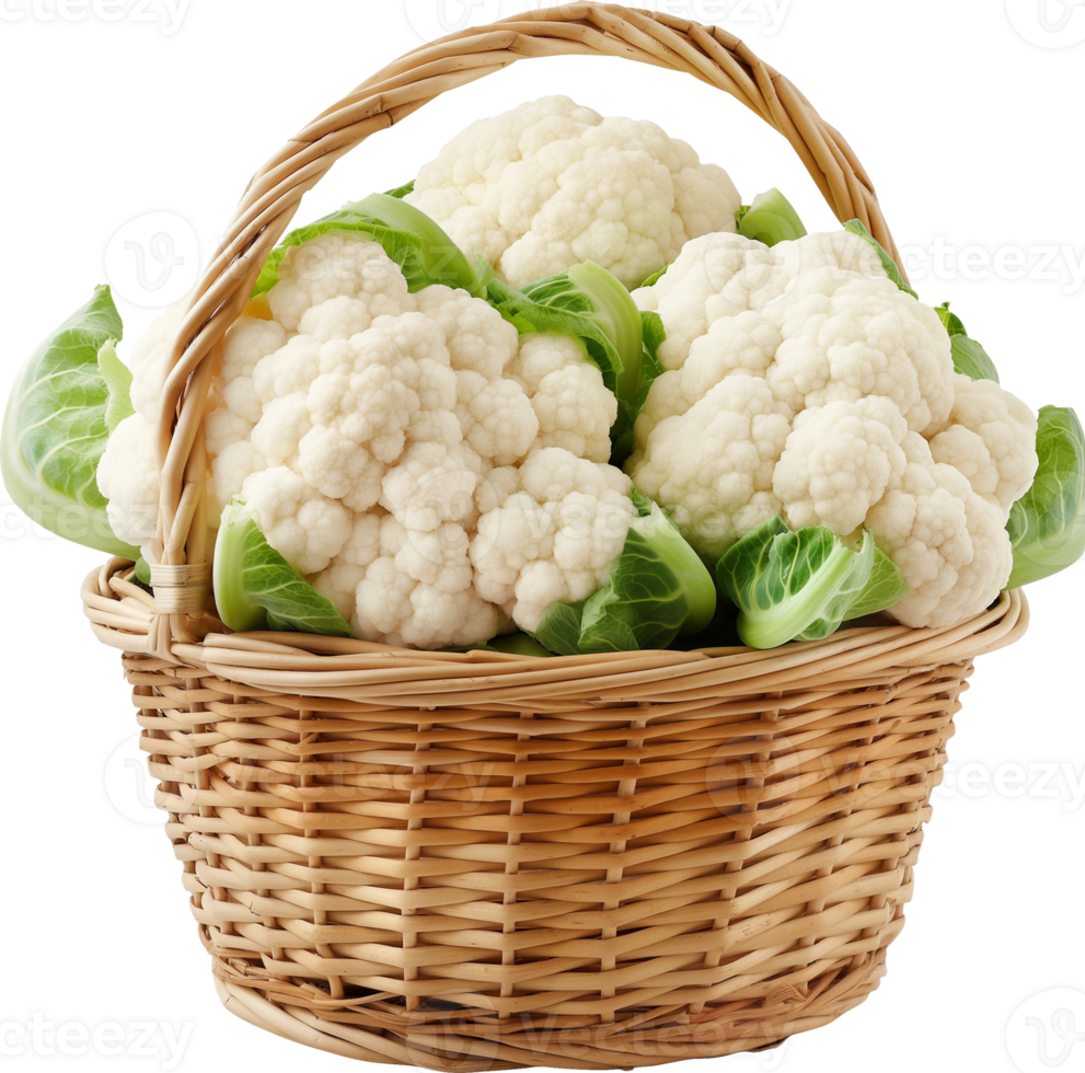 Fresh white cauliflower in a basket isolated on a transparent background png