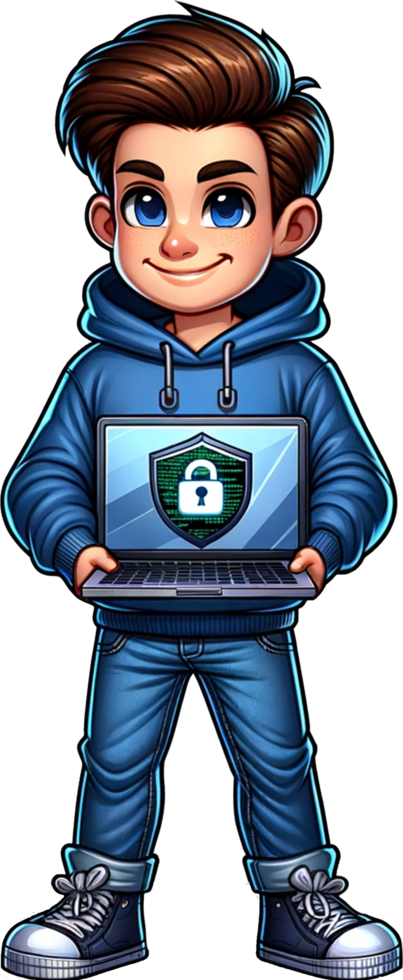 A cute Ethical Hacker with a laptop smiling with determination to protect digital assets and standing confidently isolated png
