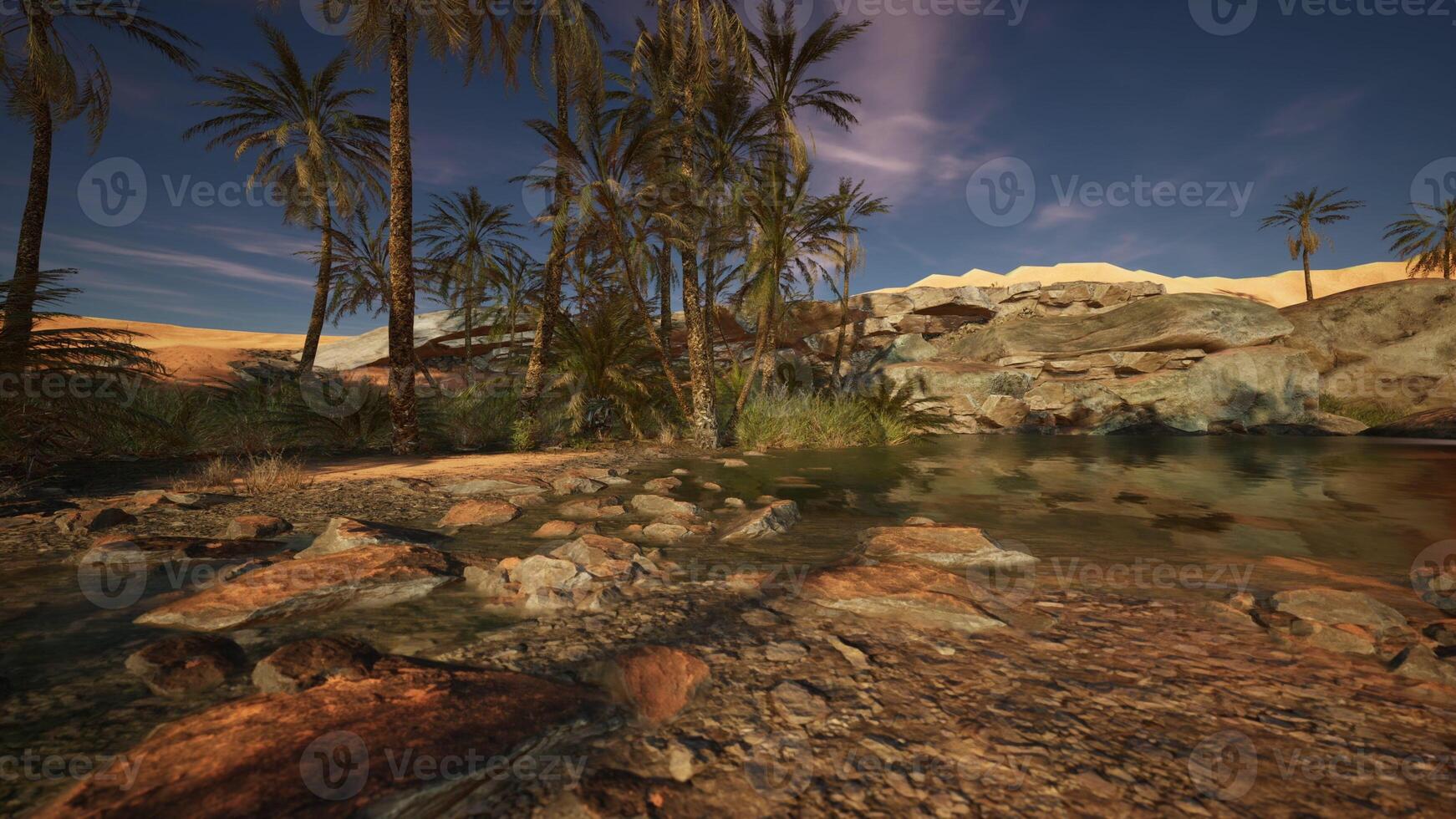 A digitally created landscape featuring a serene river and lush palm trees photo
