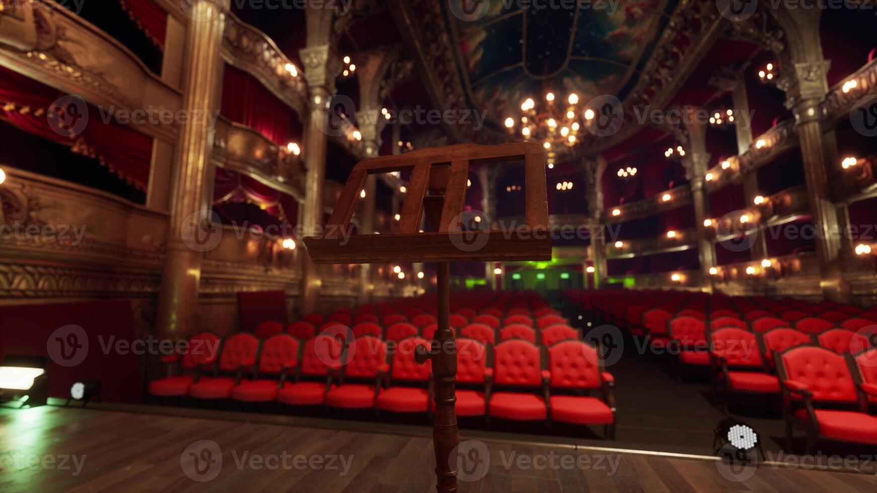 An empty theater with red seats and chandeliers photo