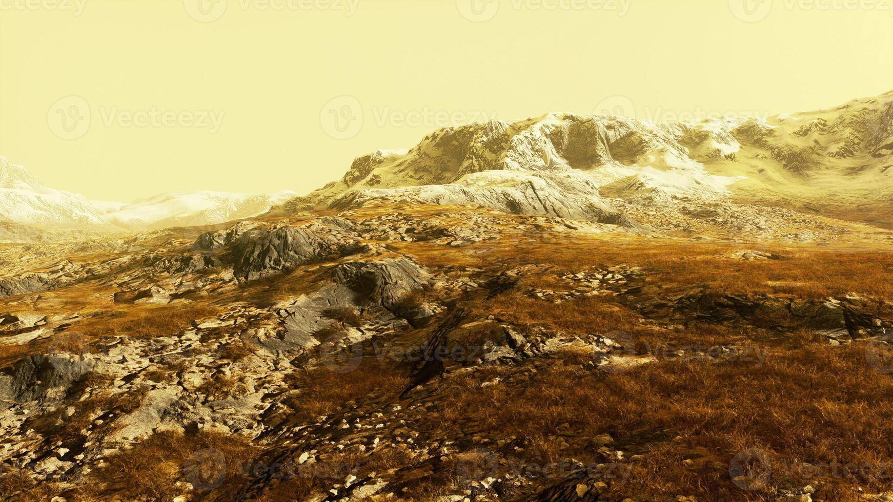A snow-covered mountain range with a contrasting backdrop of brown grass photo