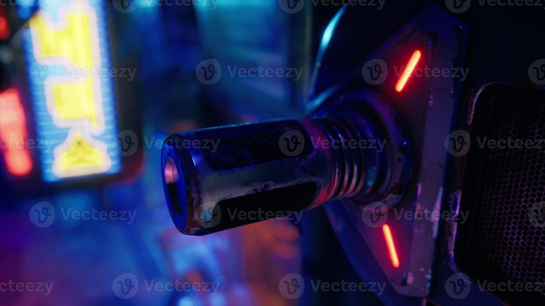 A close up of a metal object with neon lights in the background photo