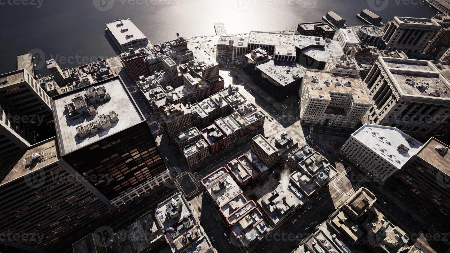 An aerial view of a city with lots of tall buildings photo