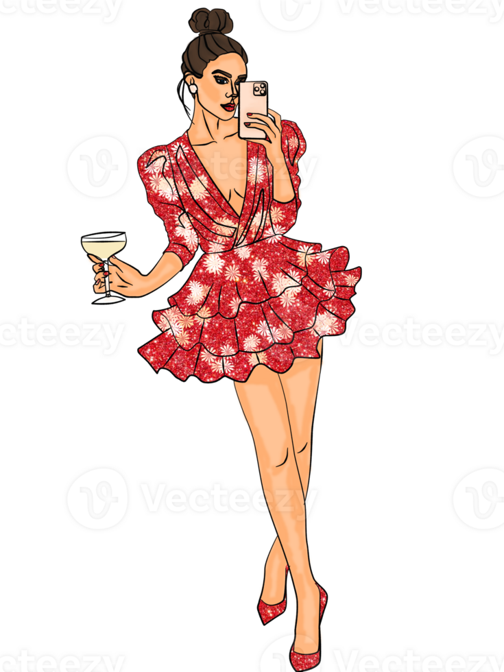 Watercolor fashion illustration, young sexy woman with dark hair in a stylish dress with flowers. A girl with a glass of prosecco. Modern woman illustration. png