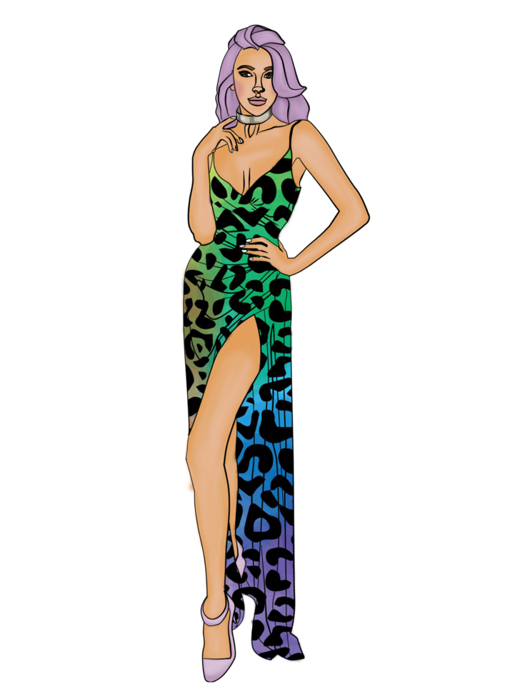 Watercolor fashion illustration, young sexy woman with long hair in a stylish dress with bare shoulders. Modern woman illustration. png
