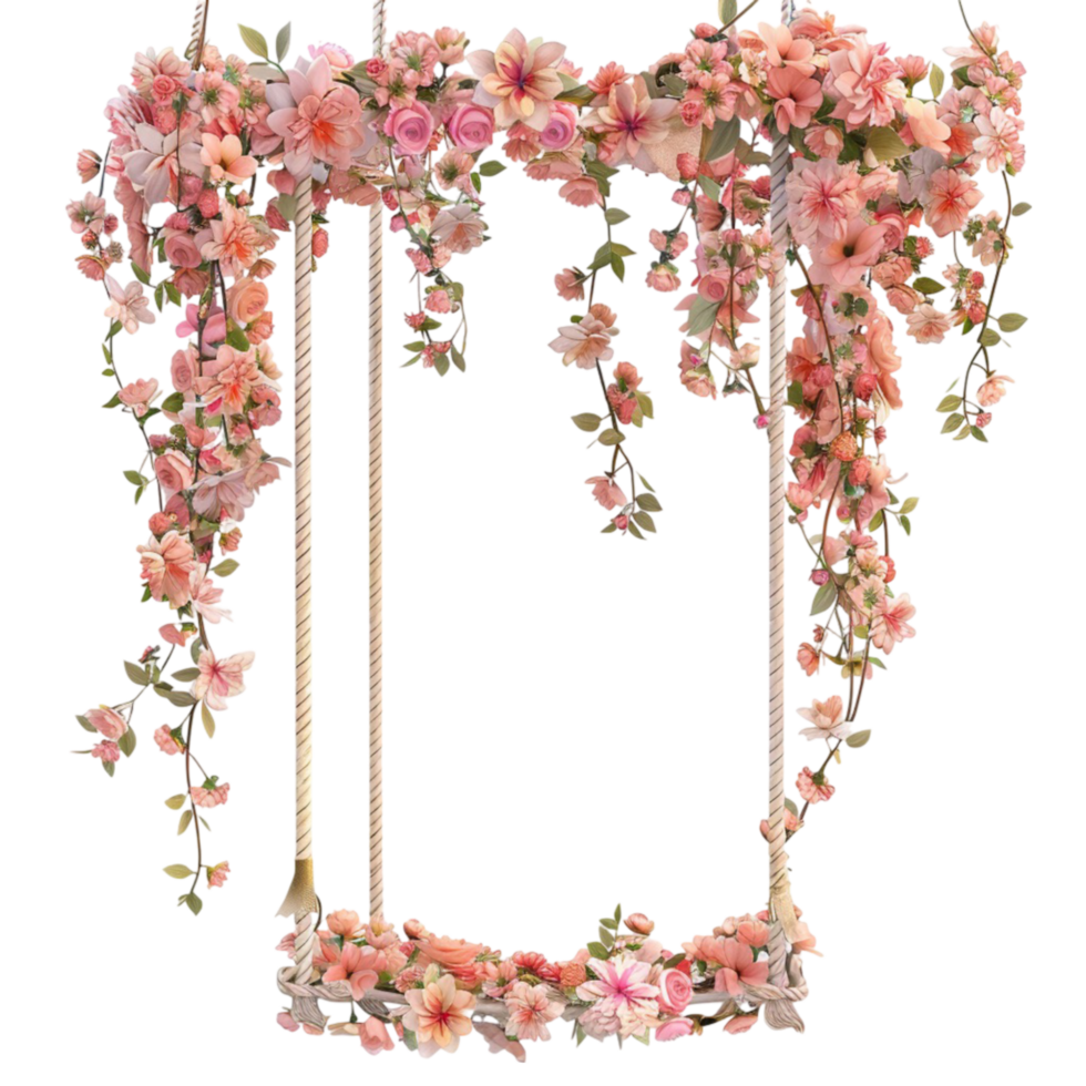 a swing with pink flowers hanging from it AI-Generated png
