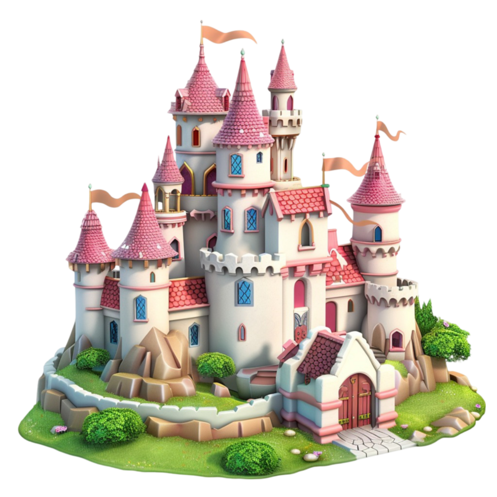 a cartoon castle with a red roof and turrets AI-Generated png