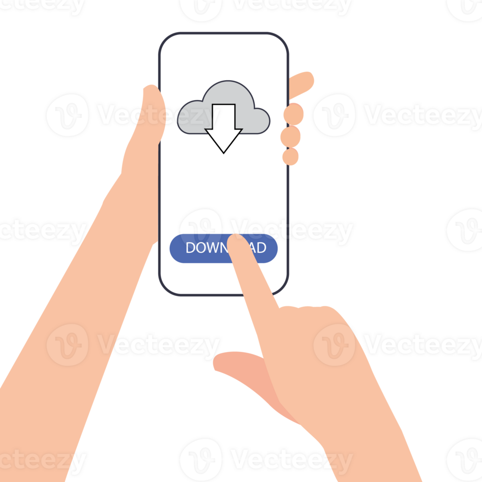 Tapping Mobile phone screen to download data from cloud. computing concept for file sharing and data transfer system. Download file to app mobile phone. png
