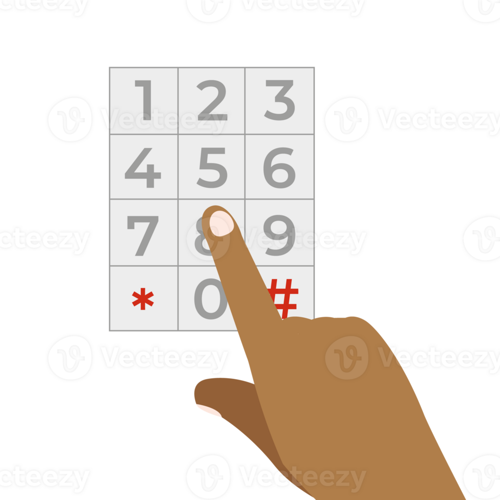 Index finger pressing key number on keyboard machine. Hand pressing number on button number. png
