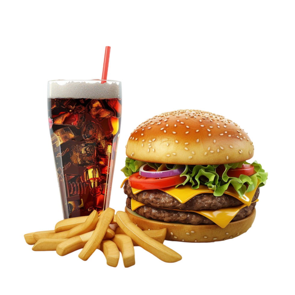 A Hamburger and fries with a drink on a transparent background png