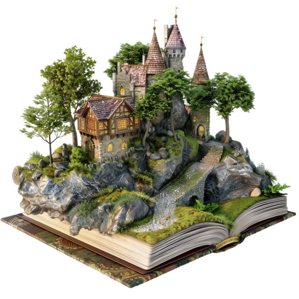 A Book with a castle on top of it, with a tree and rocks on transparent background. png