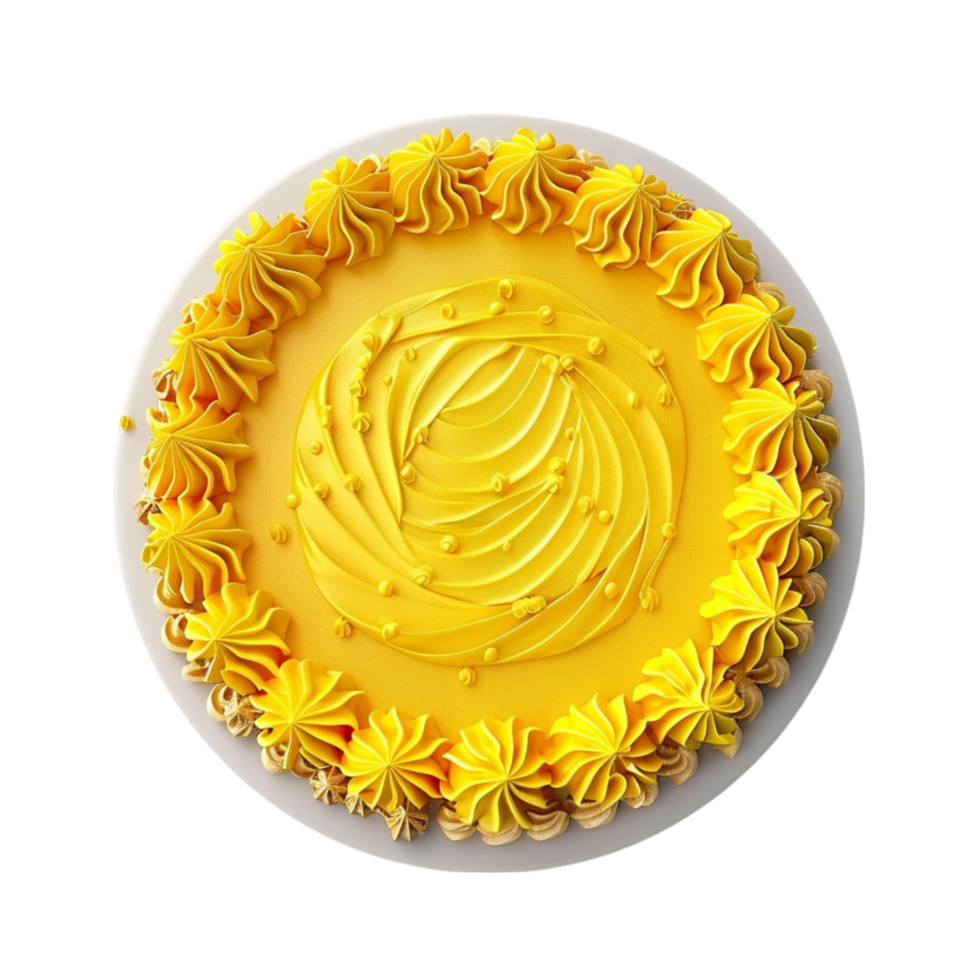 A cake with yellow frosting on top on transparent background. png