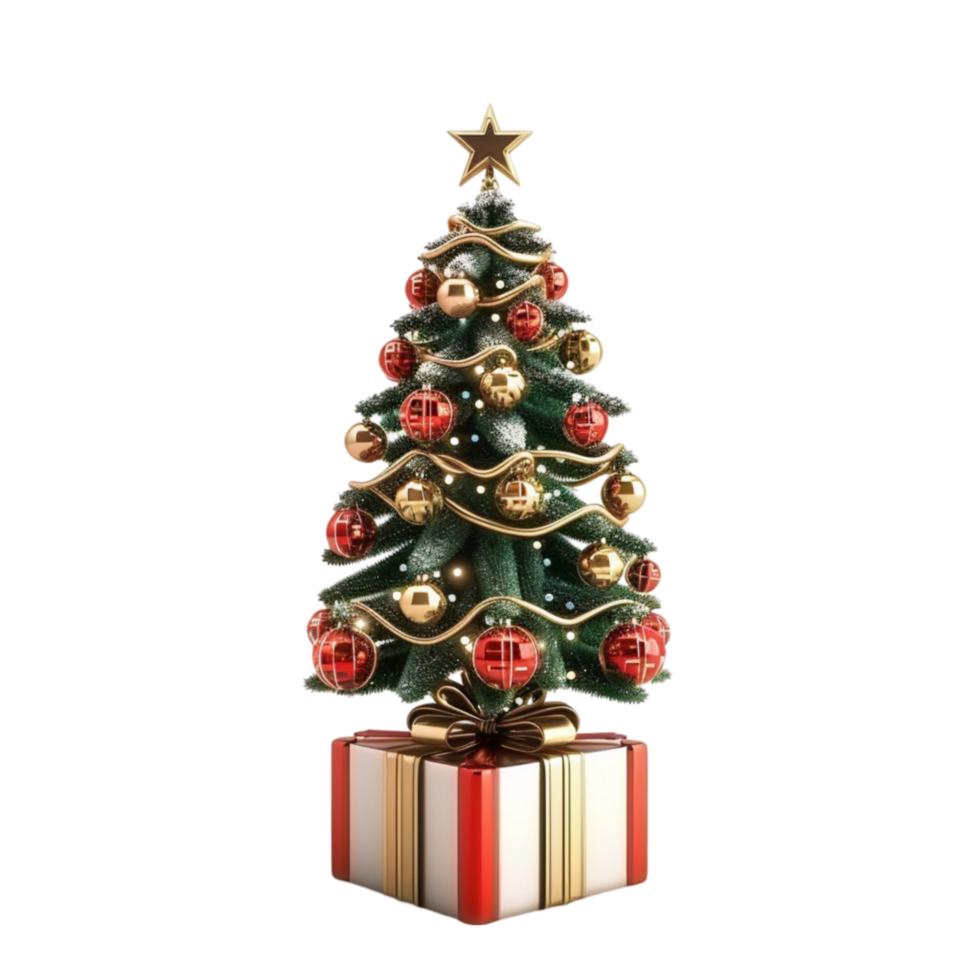 Christmas tree with presents on top of it on transparent background. png