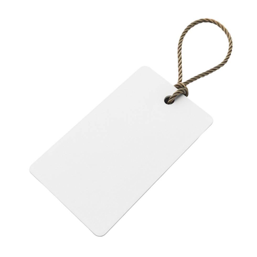 blank white tag hanging from a rope on a transparent background png