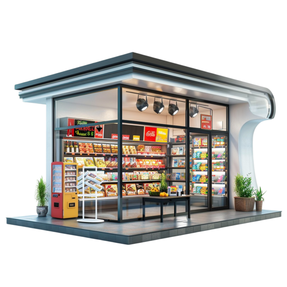 A grocery store with a door and shelves on transparent background. png