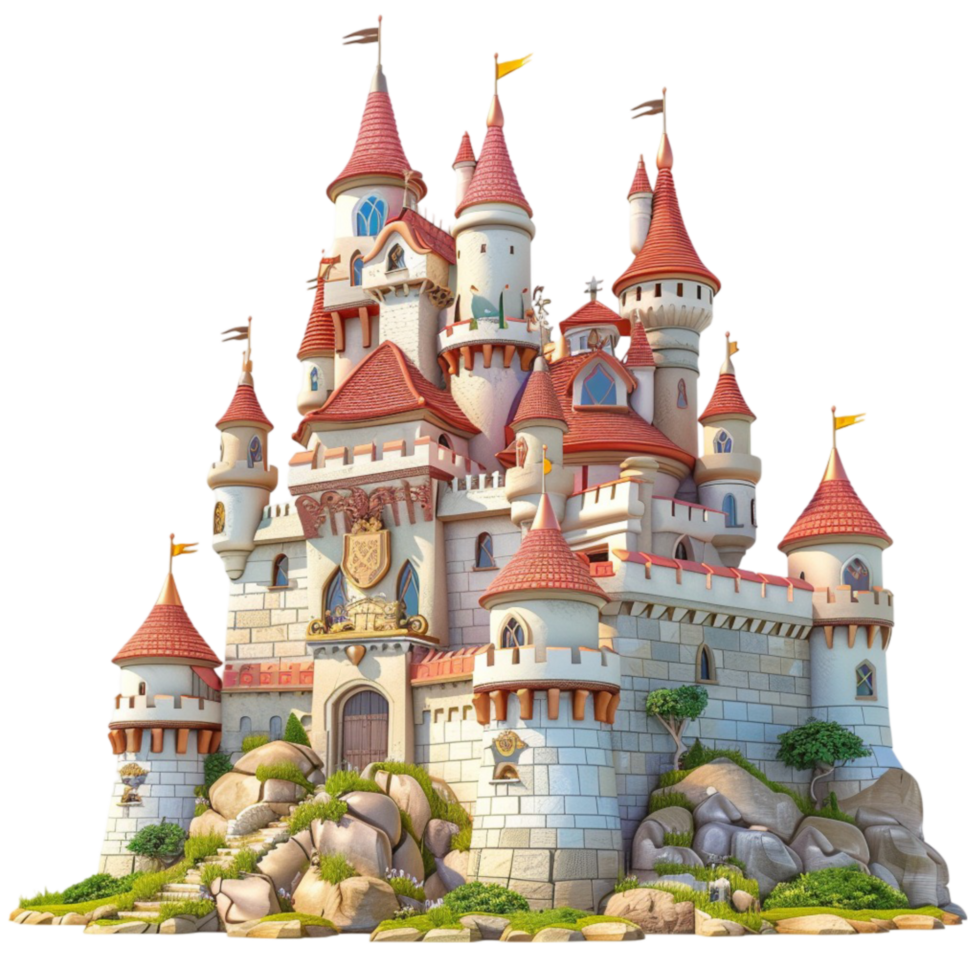 A cartoon castle with a tower on top on transparent background. png