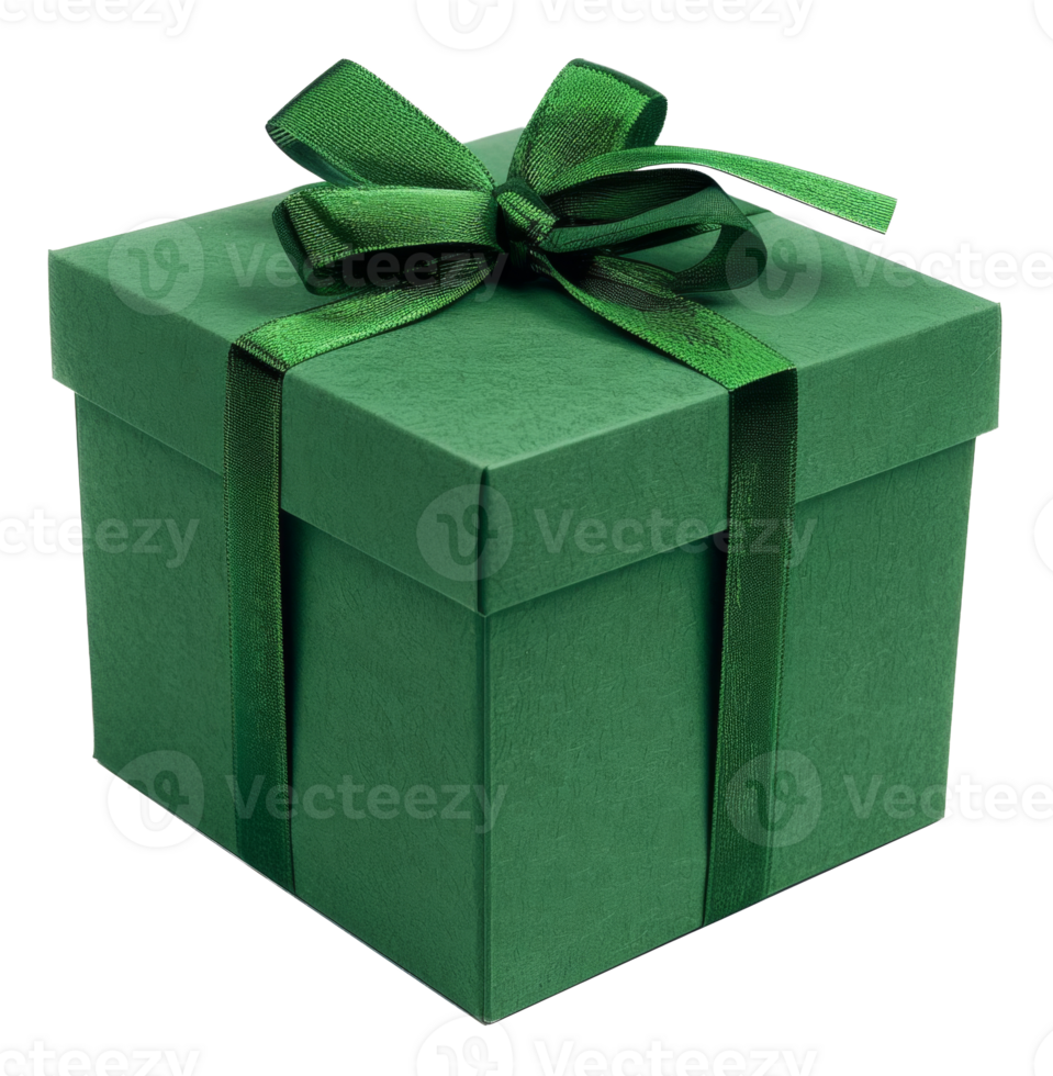 Green textured gift box with satin ribbon bow on transparent background - stock . png