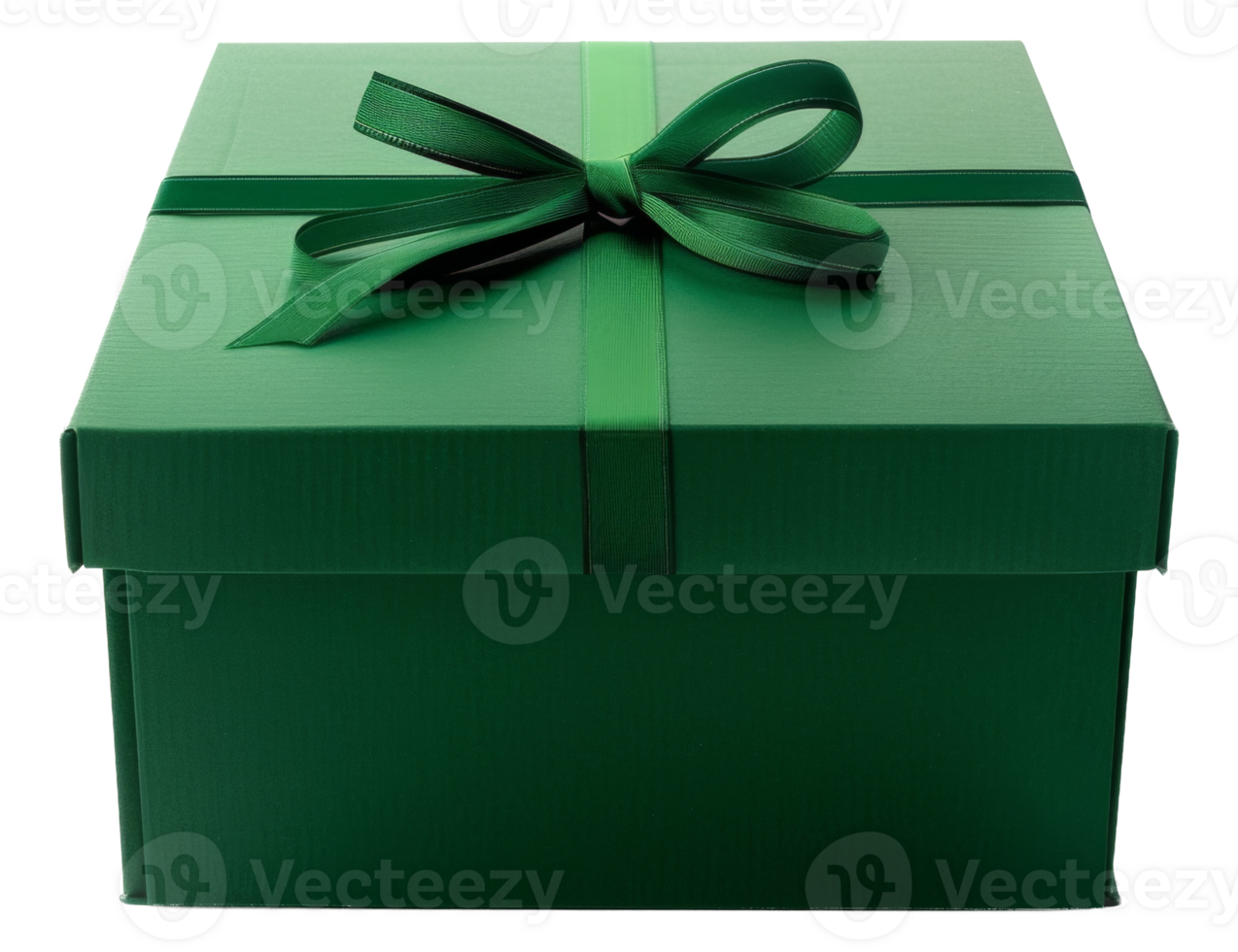 Green textured gift box with satin ribbon bow on transparent background - stock . png