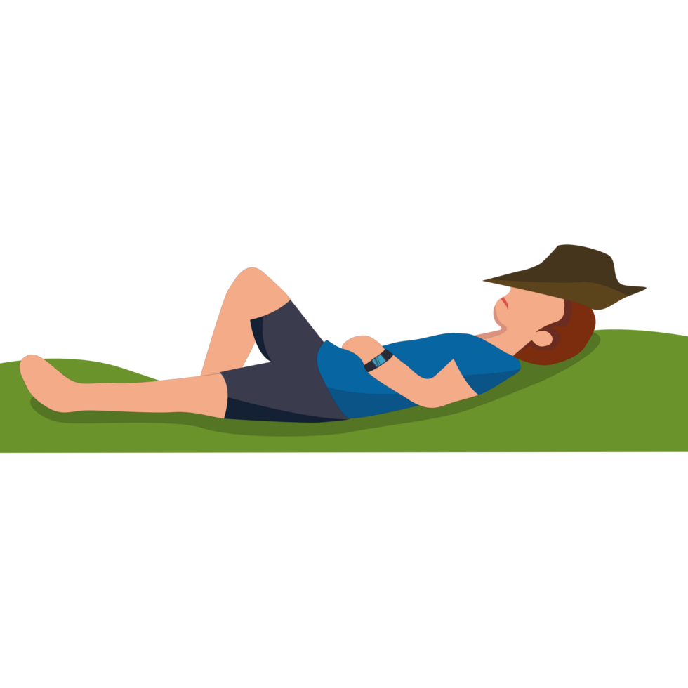 Man in hat relaxing on the grass on vacation. png