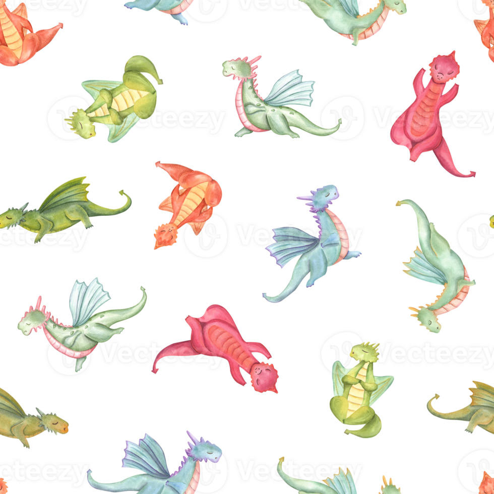 Multicolored dragons doing fitness. Flying animals in various poses of yoga. Seamless pattern with dragon practicing meditation. Watercolor stylized illustration. For fitness center design png