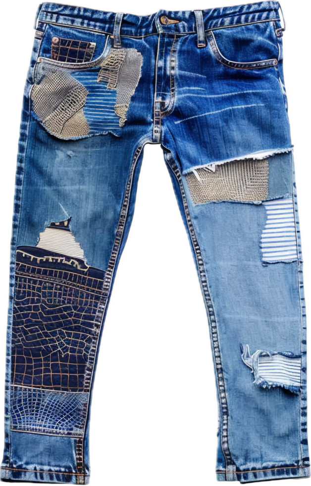 Patchwork Denim Jeans with Various Fabrics. png