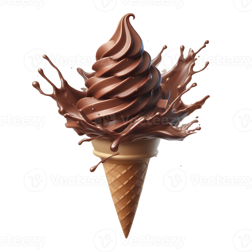 chocolate ice cream cone with splash on transparent background png