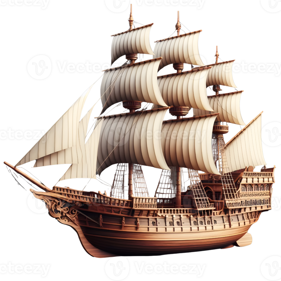 Sailing old pirate ship isolated on transparent background png