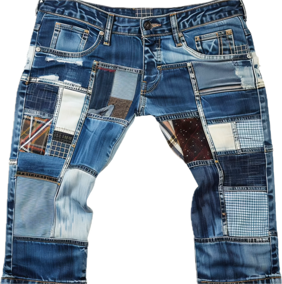 Patchwork Denim Jeans with Various Fabrics. png