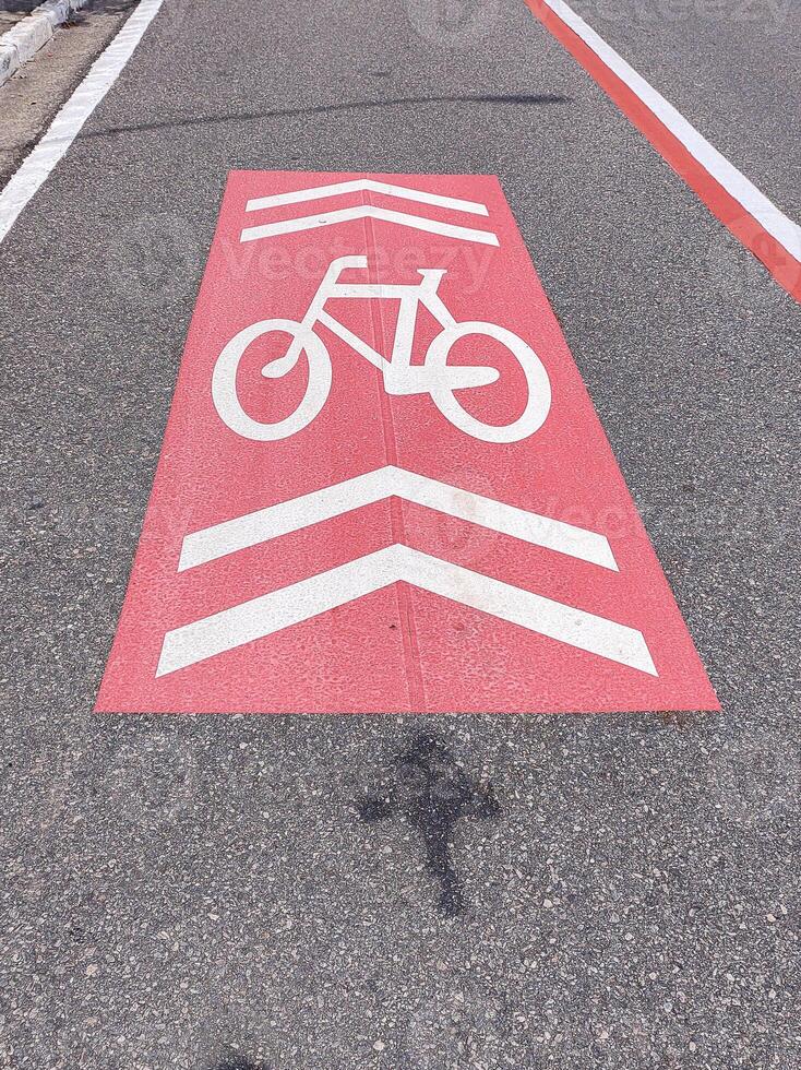 Painting in red and white, symbol for a cycle lane exclusively for bicycles, in an urban center next to the avenue. photo