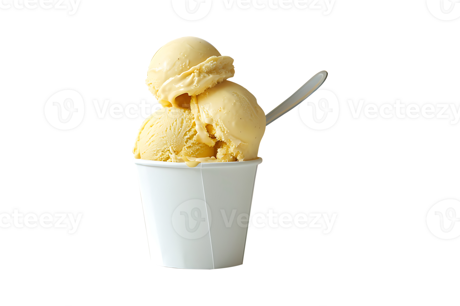 Banana ice cream scoop on white blank empty paper cup png