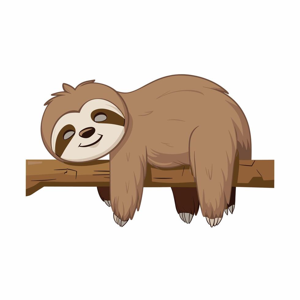 cute baby sloths. Lazy wild animal lies on branch, climbs trees or eats green leaves. illustration in flat style. white background vector