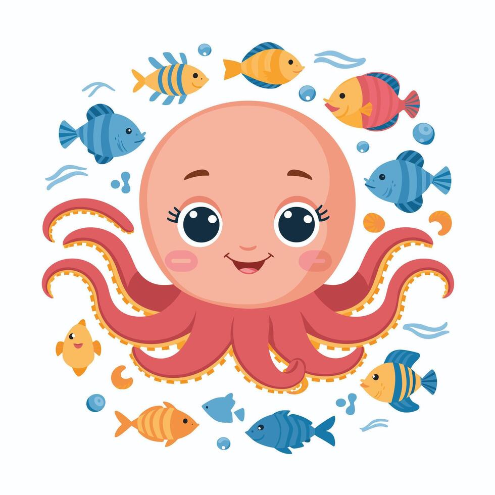 Octopus Cartoon Character Illustration Isolated on White Background vector