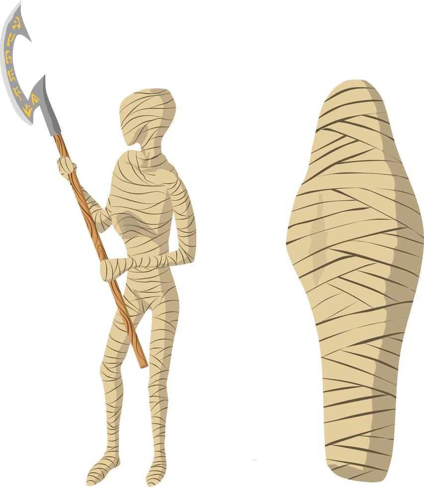 A cartoon mummy in bandages stands with a sickle-shaped axe in his hands. The second mummy is wrapped in bandages like a silkworm. illustration A skinny mummy guard with a spear in his hands vector