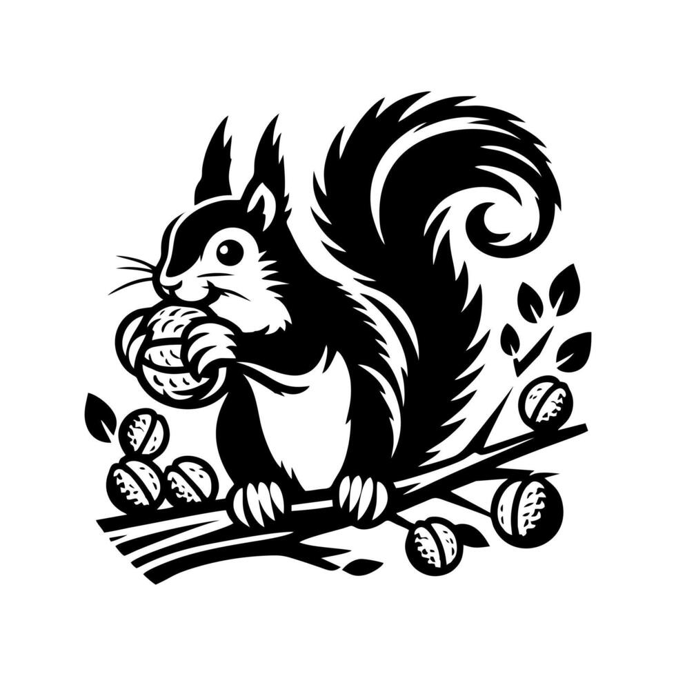 Squirrel logo. Squirrel with acorn silhouette icon on white background vector