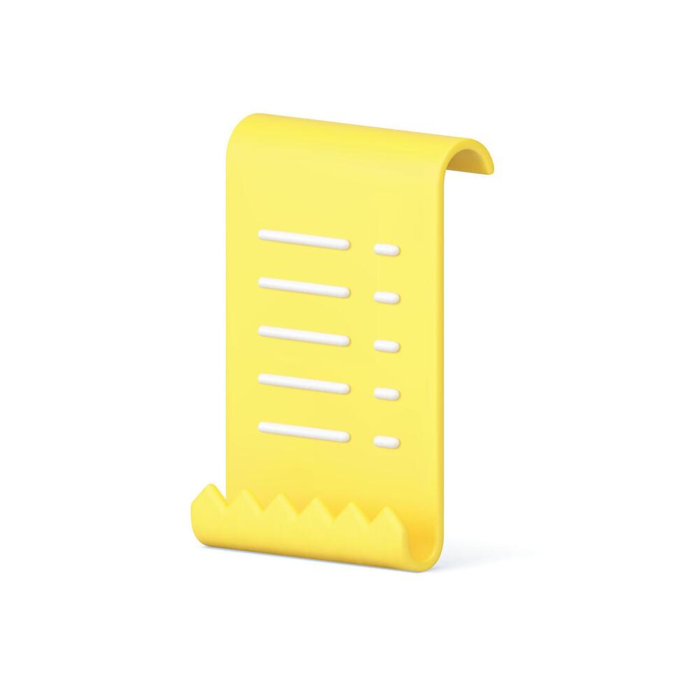 Receipt bill total invoice accounting banking transaction paper document yellow 3d icon vector