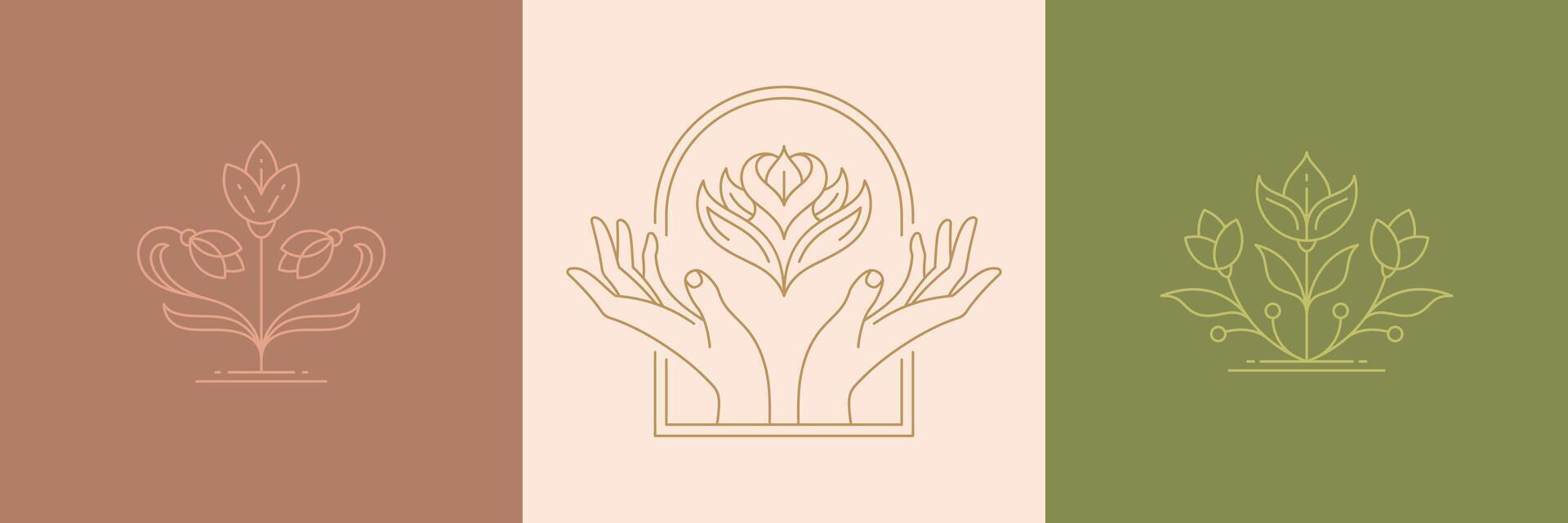 line decoration design elements set - flowers and gesture hands illustrations simple linear style vector