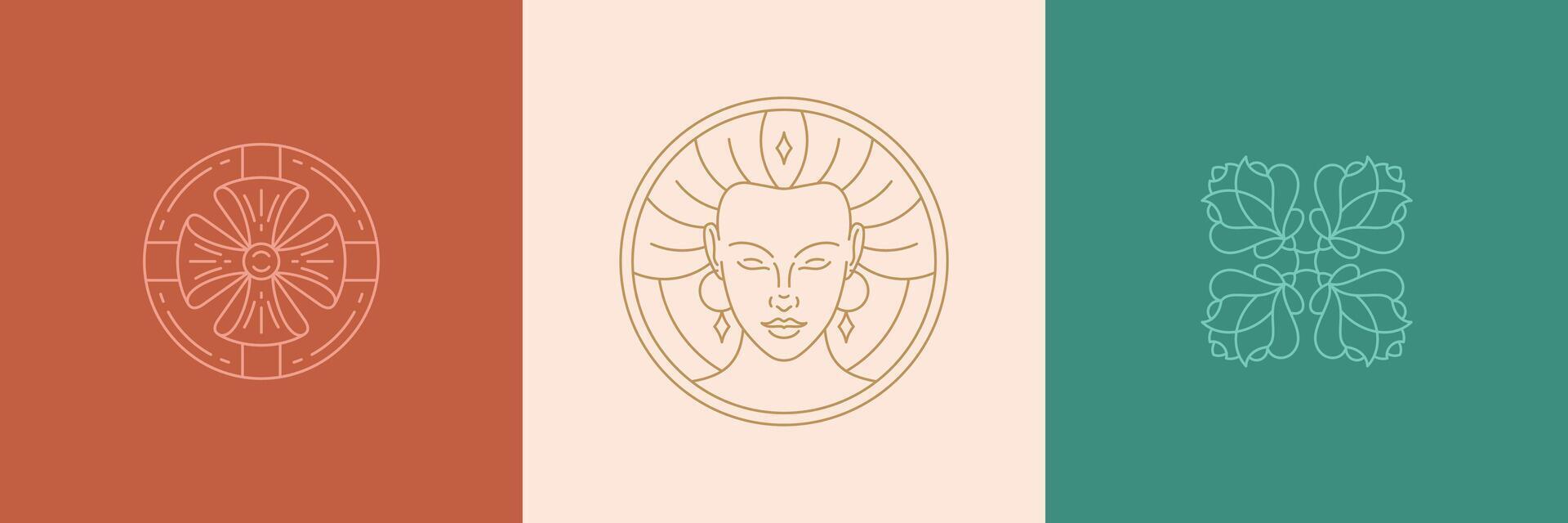 line decoration design elements set - female face and rose illustrations simple linear style vector