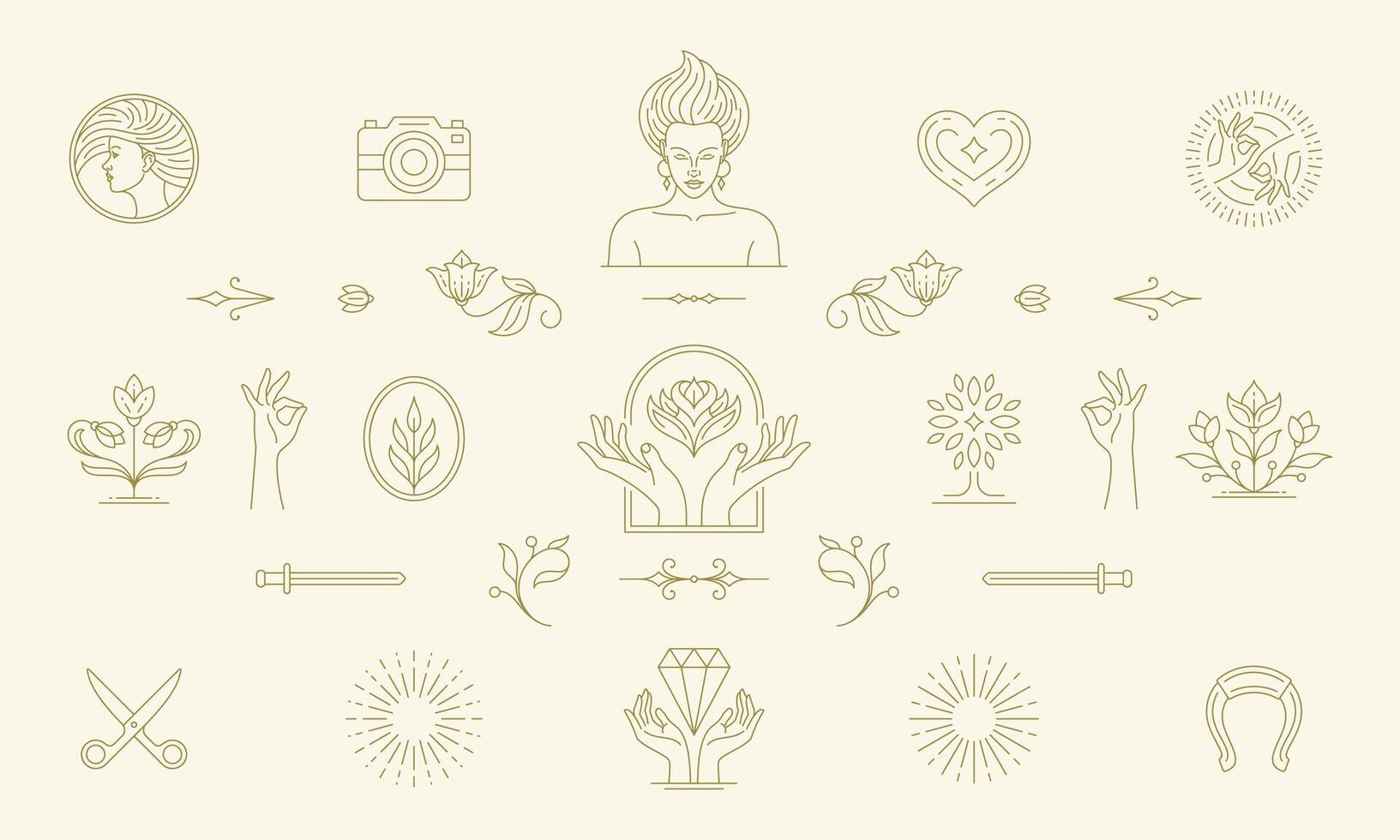 line feminine decoration design elements set - women face and gesture hands illustrations simple linear style vector