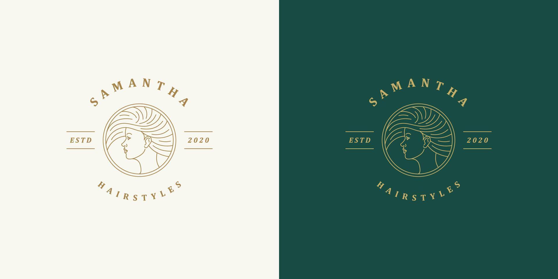 Beautiful female line face with fluttering hairs logo emblem design template illustration simple linear style vector