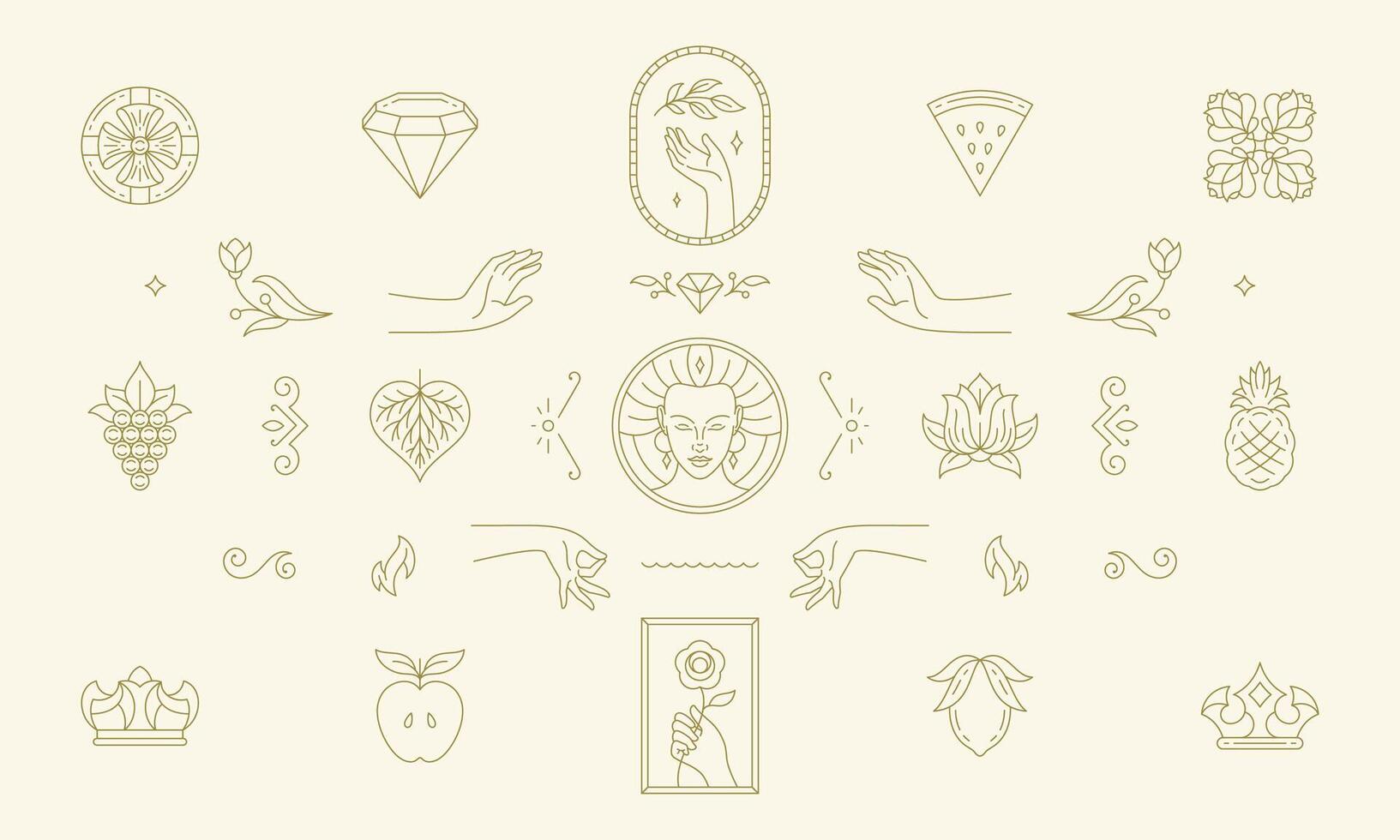 line women decoration design elements set - women face and gesture hands illustrations minimal linear style vector