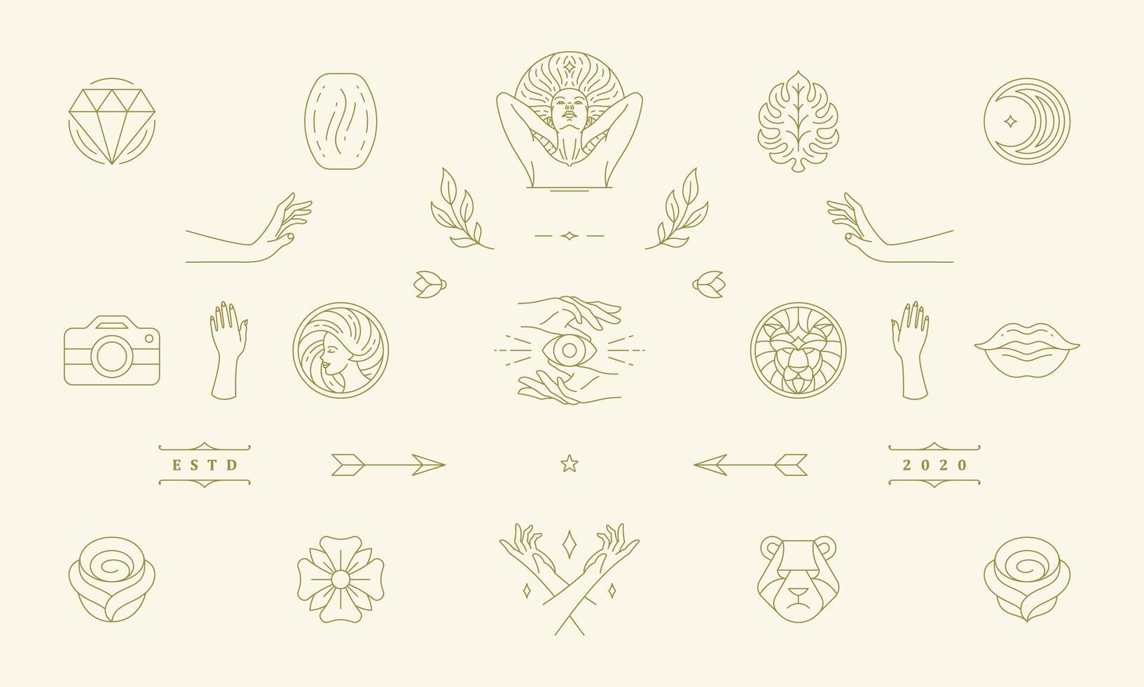 line women decoration design elements set - women face and gesture hands illustrations simple linear style vector