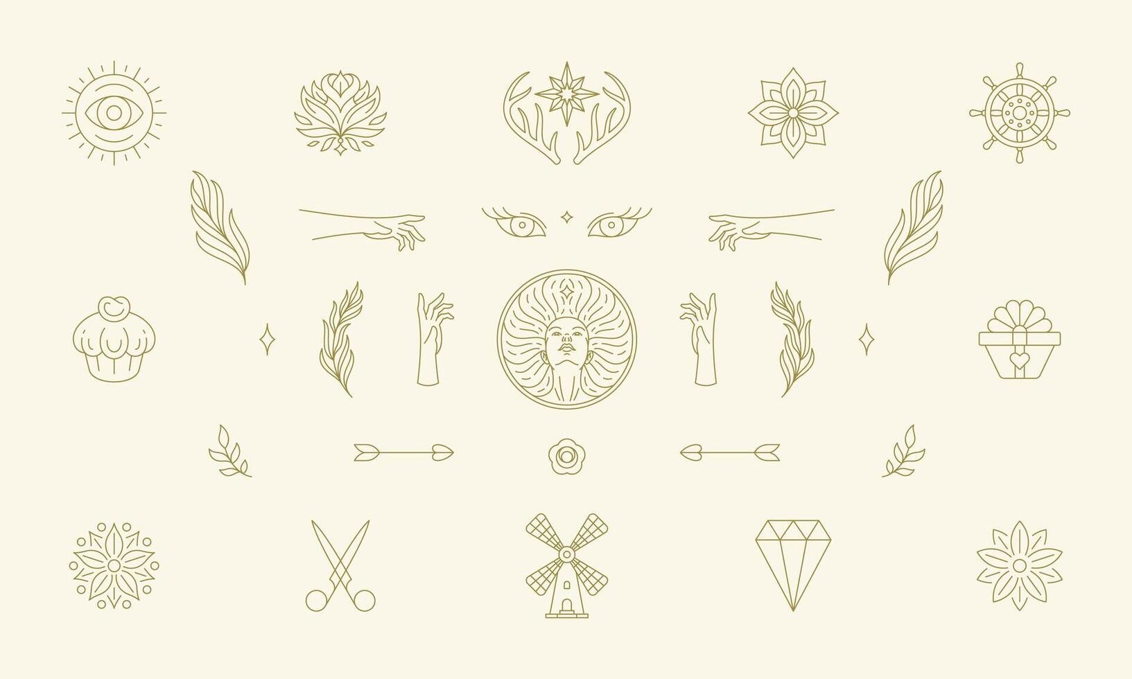 line women decoration design elements set - women face and gesture hands illustrations simple linear style vector